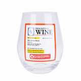 Stemless wine glass featuring a humorous fake prescription label with amusing details for wine lovers.