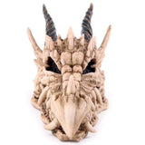 Dragon Skull Money Box in resin, 19cm long, features a coin slot and bottom bung for easy savings access.