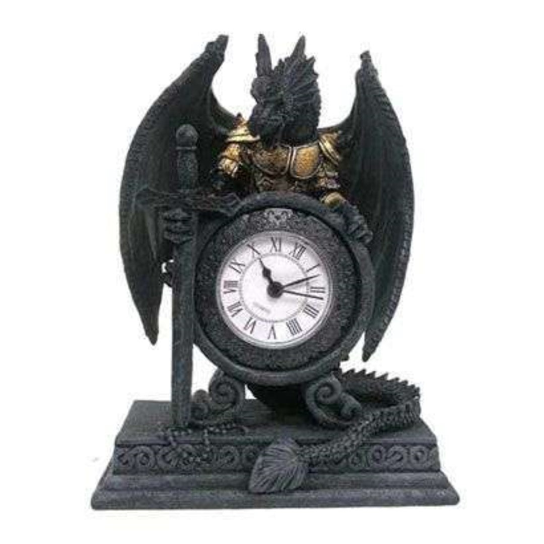 Dragon in Armour mantle clock, 20cm tall, intricate resin design ideal for fantasy decor and accurate timekeeping.