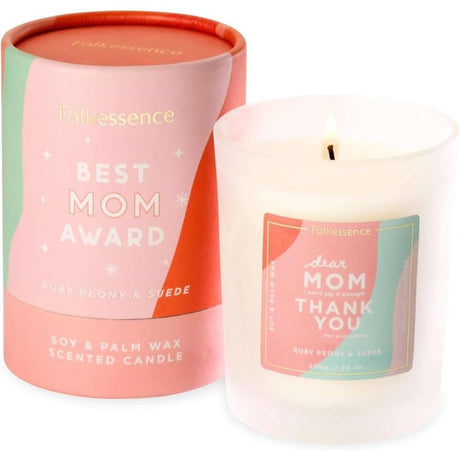 Luxurious Folkessence candle featuring ruby peony and suede, perfect gift for mothers celebrating love and relaxation.