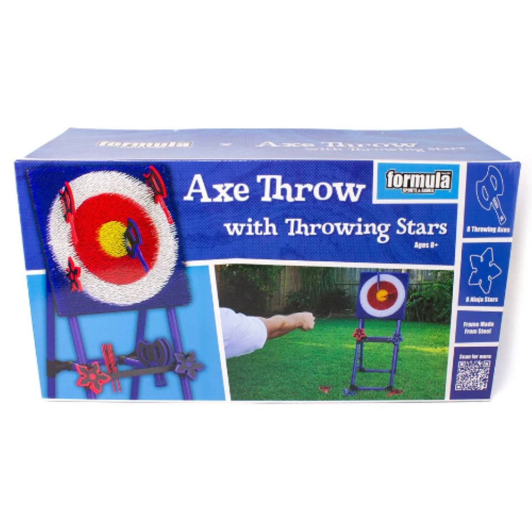 Axe Throwing Game - Formula with steel frame and colorful targets for outdoor fun, designed for ages 8 and up.