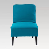 Teal armless chair with durable timber frame, stain-resistant fabric, and modern tapered legs, perfect for any living space.