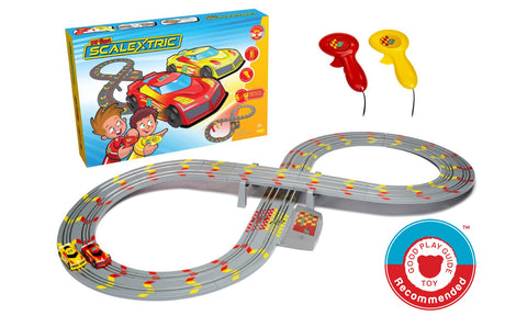 Colorful slot car racing set for kids with figure-of-eight track, two cars, and easy-to-use controllers for ages 3+.