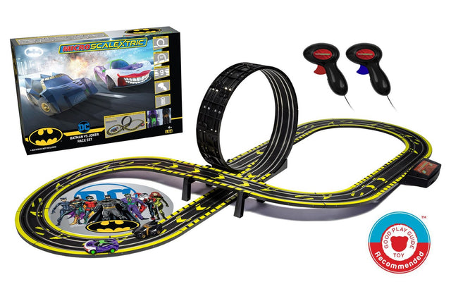 Micro Scalextric Batman vs Joker set featuring 4.08m track, character cars, controllers, and customizable layouts for thrilling races.