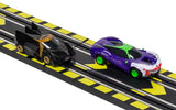 Micro Scalextric Batman vs Joker set with 4.08m track, two character cars, controllers, and customizable layouts for thrilling races.