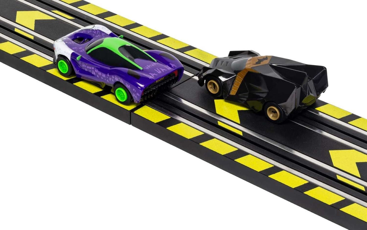 High-speed slot car set featuring Batman and Joker, with customizable 4.08m track and exciting racing features.