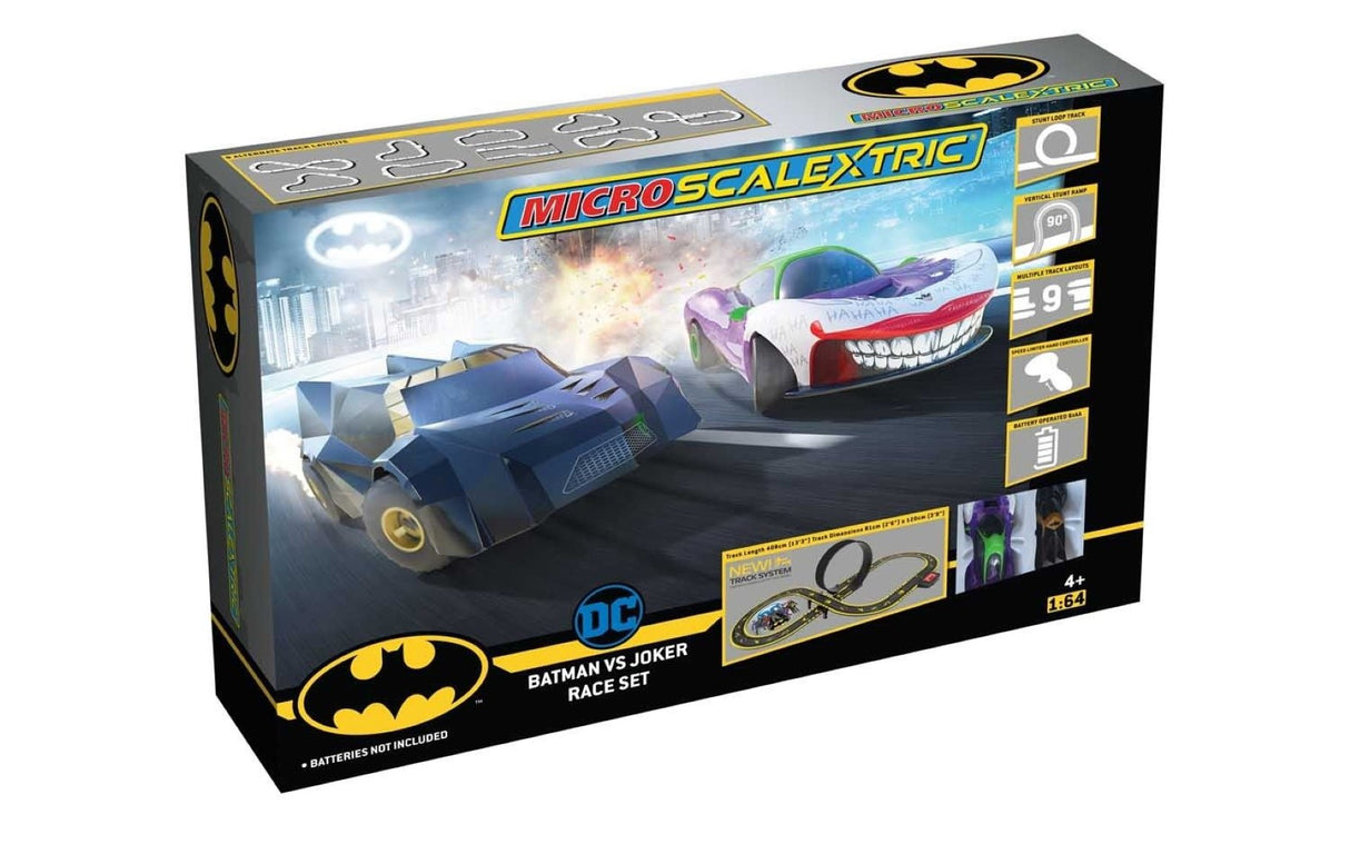 Micro Scalextric set featuring Batman and Joker with 4.08m track and customizable layouts, perfect for racing fun.