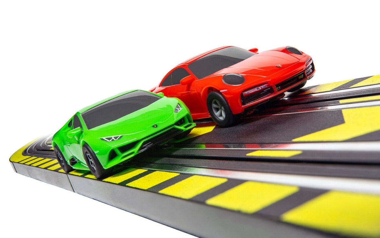 Micro Scalextric Super Speed Race Set featuring Lamborghini Huracán EVO and Porsche 911 Turbo with customizable track layout.