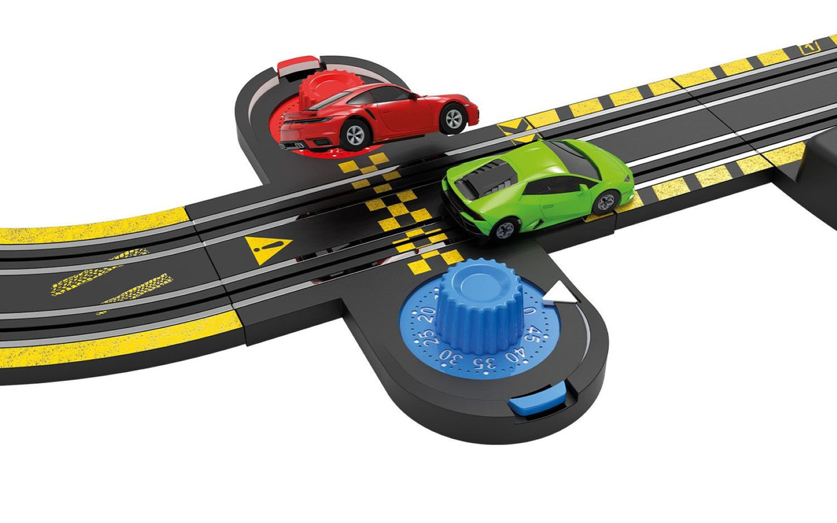 Micro Scalextric Super Speed Race Set featuring Lamborghini Huracán EVO and Porsche 911 Turbo, perfect for young racers.