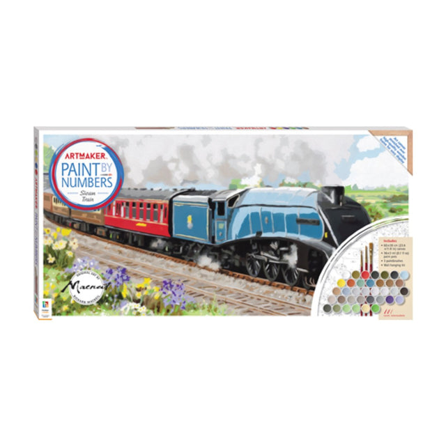 Paint by number kit featuring a steam train design on a 20x20 cm canvas, includes paints, brushes, and wall-hanging accessories.