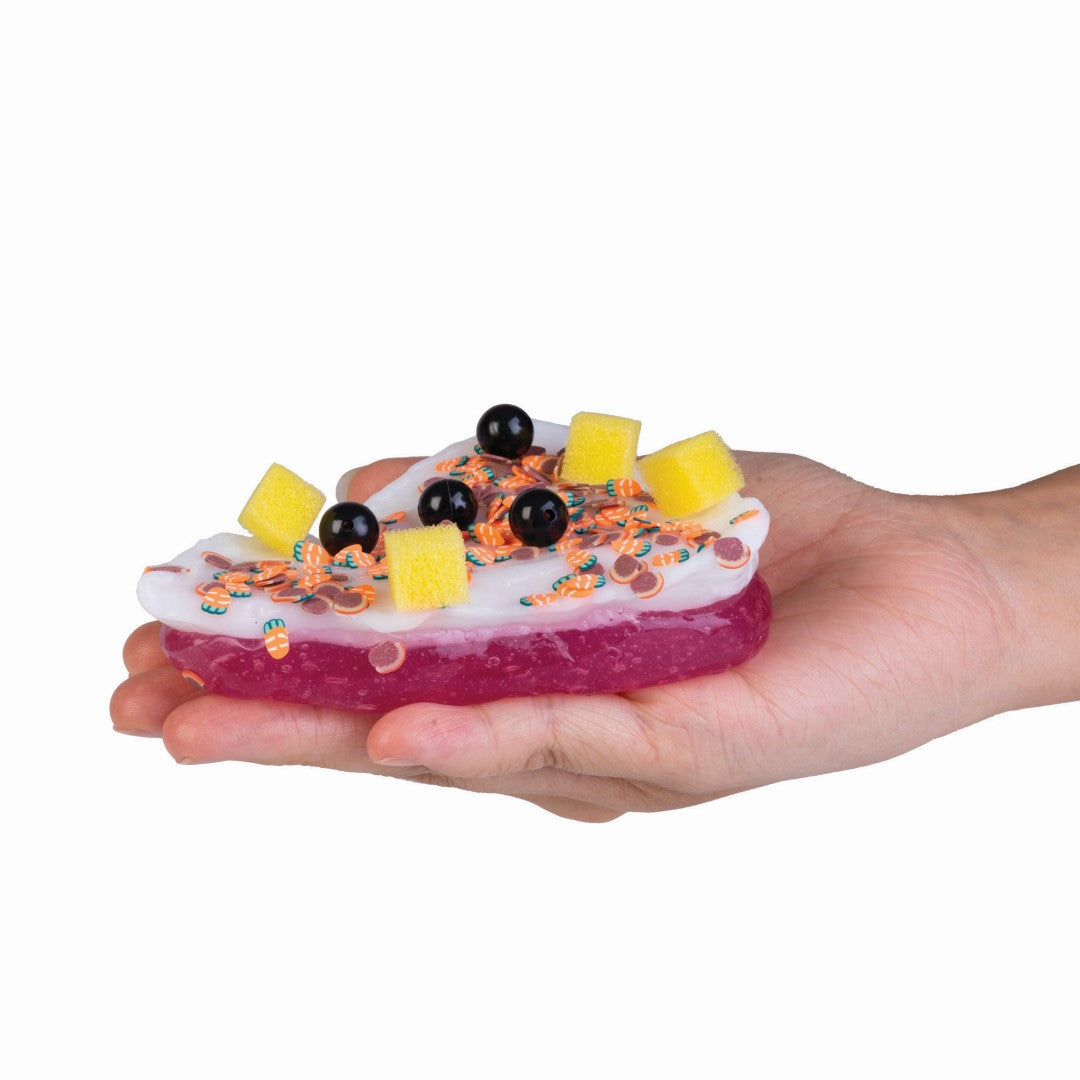 Colorful DIY Pizza Slime set of 8 in a pizza case, featuring vibrant dough and toppings for creative, sensory play.