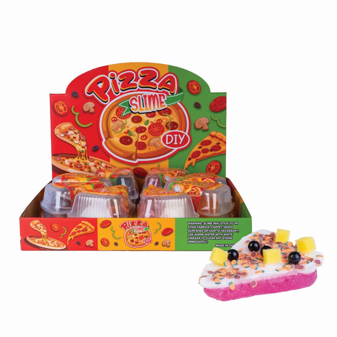 Set of 8 colorful DIY Pizza Slime kits with toppings in a pizza case for creative play and sensory fun.