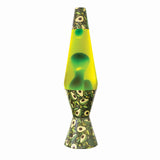 Edgy avocado diamond-shaped motion lamp with swirling green lava in yellow liquid, 36 cm tall.