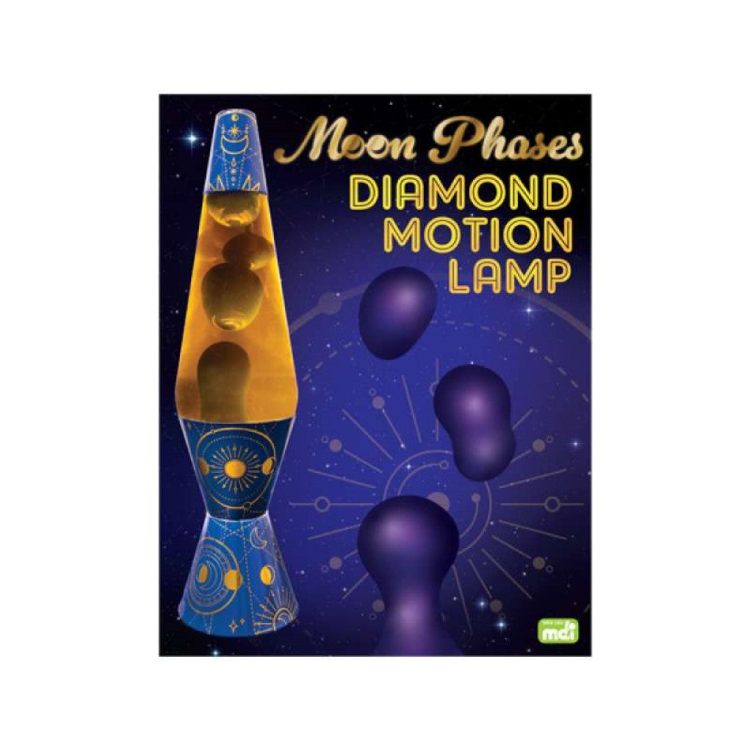 Diamond-shaped motion lamp with swirling purple lava and golden liquid, featuring celestial design and gold detailing.