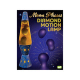 Diamond-shaped motion lamp with swirling purple lava and golden liquid, featuring celestial design and gold detailing.