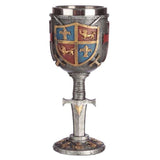 Decorative goblet with a coat of arms and sword, 19cm tall, crafted from resin and stainless steel for elegant home decor.