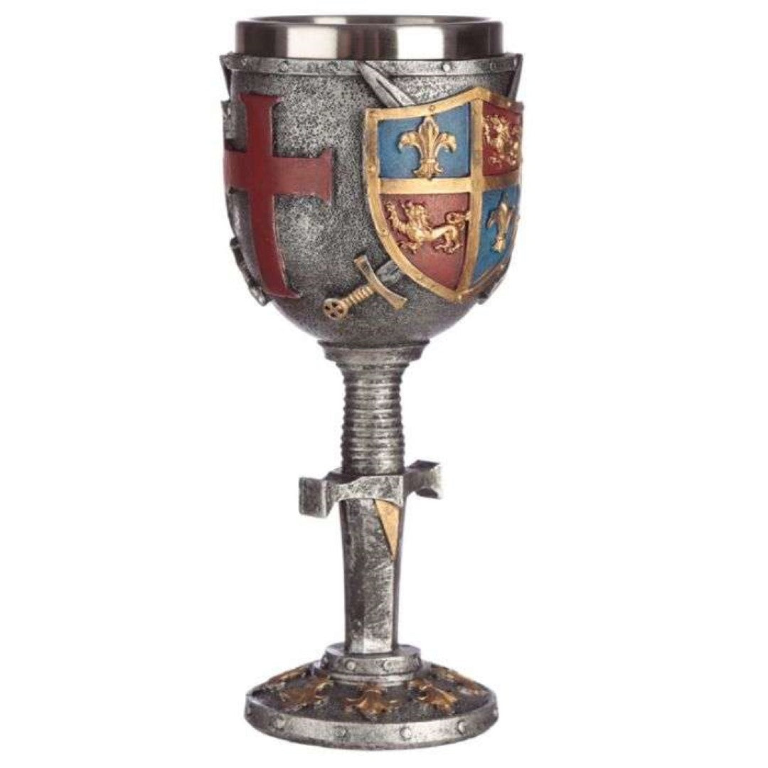 Exquisite 19cm goblet featuring a decorative coat of arms and sword, crafted from resin and stainless steel for elegant decor.