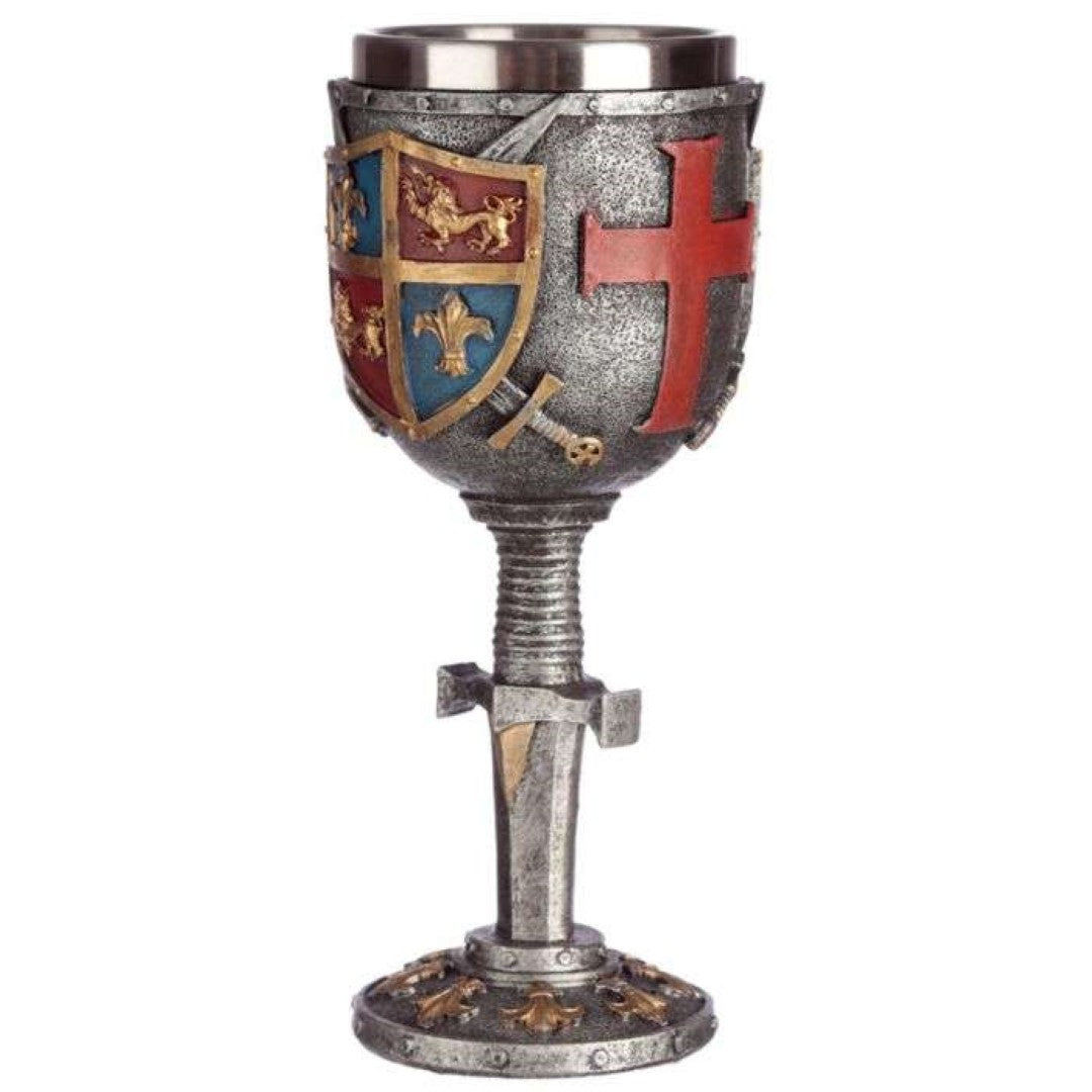 Exquisite 19cm goblet with decorative coat of arms and sword, crafted from resin and stainless steel for elegant home decor.