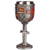 Exquisite 19cm goblet with decorative coat of arms and sword, crafted from resin and stainless steel for elegant home decor.