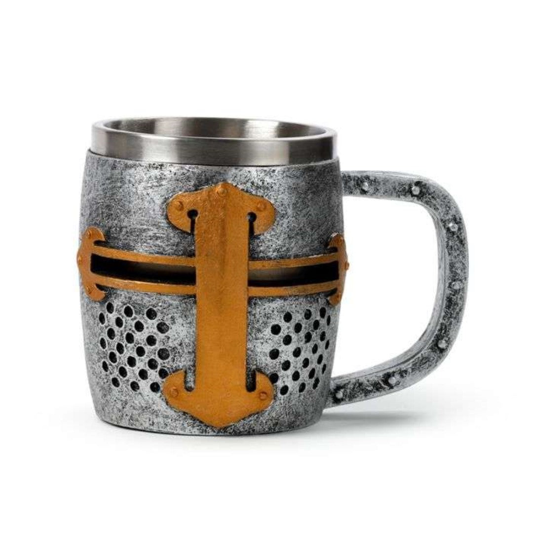 Decorative medieval knight tankard featuring a silver and gold helmet, made of resin and stainless steel.