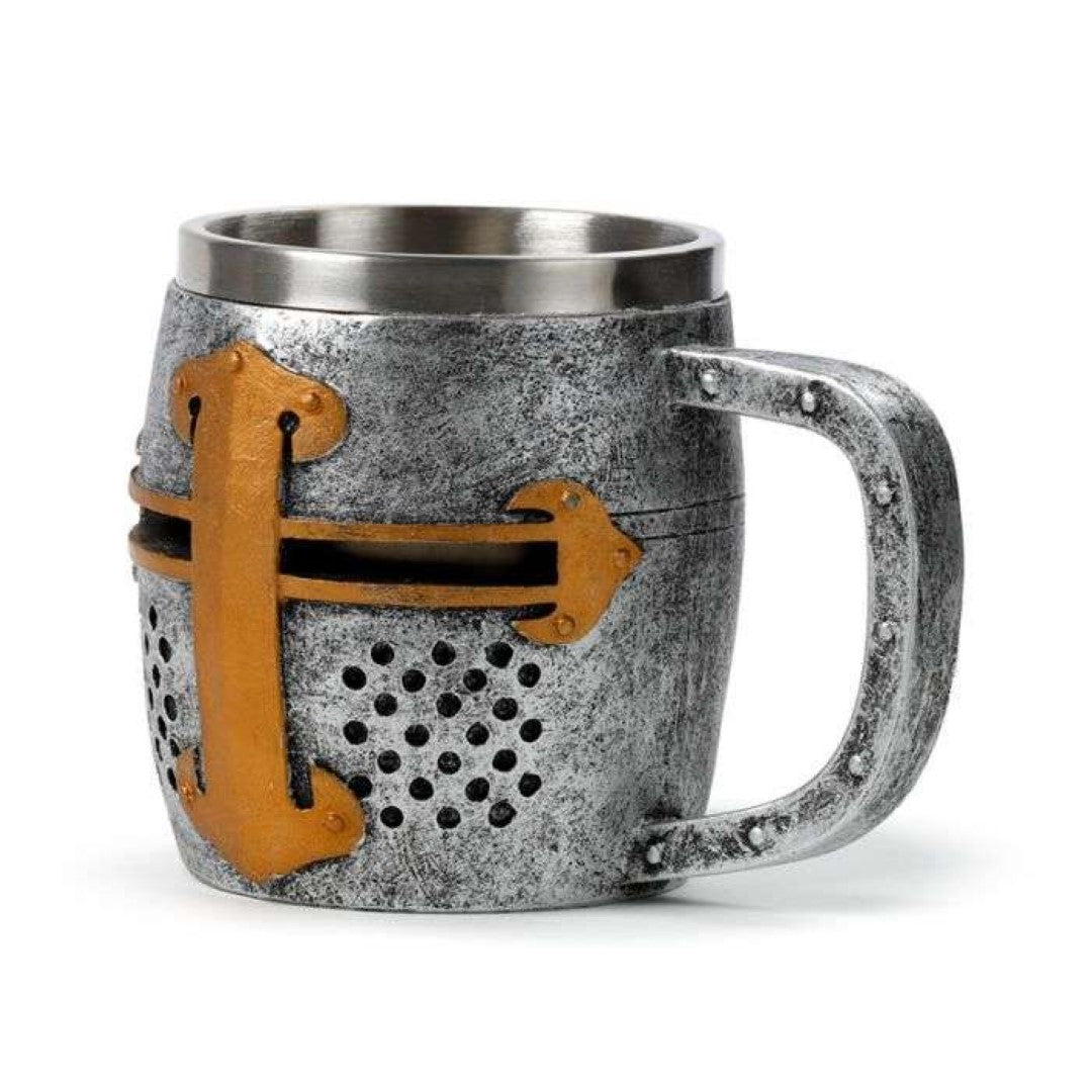 Decorative medieval knight tankard featuring silver and gold helmet design, made of resin and stainless steel.