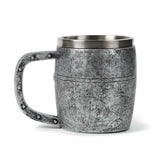 Decorative medieval knight tankard featuring silver and gold helmet design, made of resin and stainless steel.