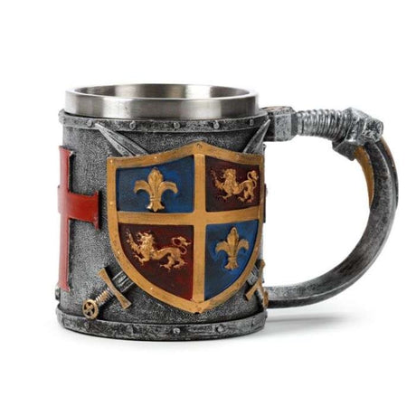 Gold and silver decorative tankard with coat of arms, 17cm tall, made of resin and stainless steel for home decor.