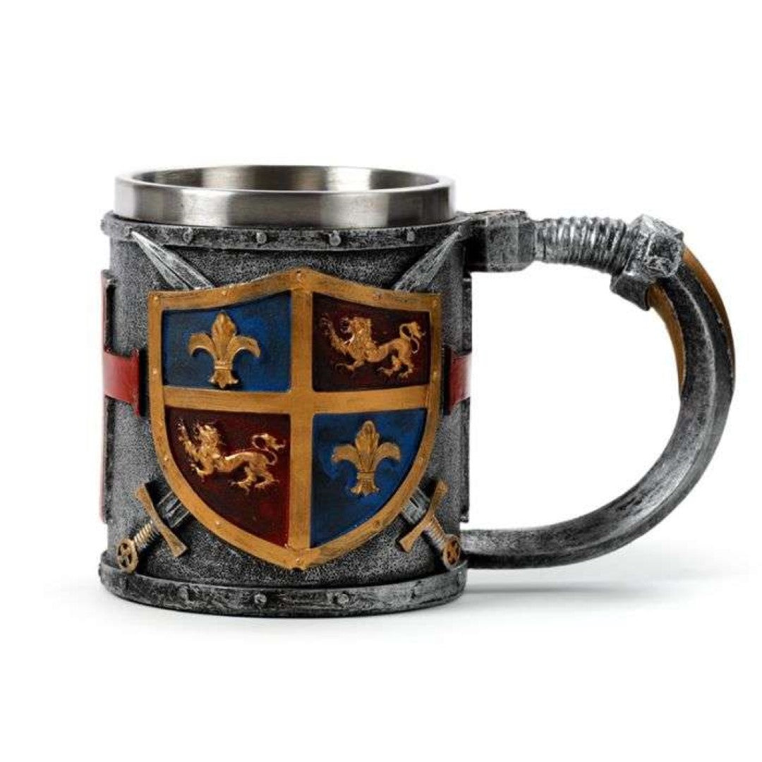 Decorative tankard featuring a gold and silver coat of arms design, perfect as a regal display piece at 17cm tall.