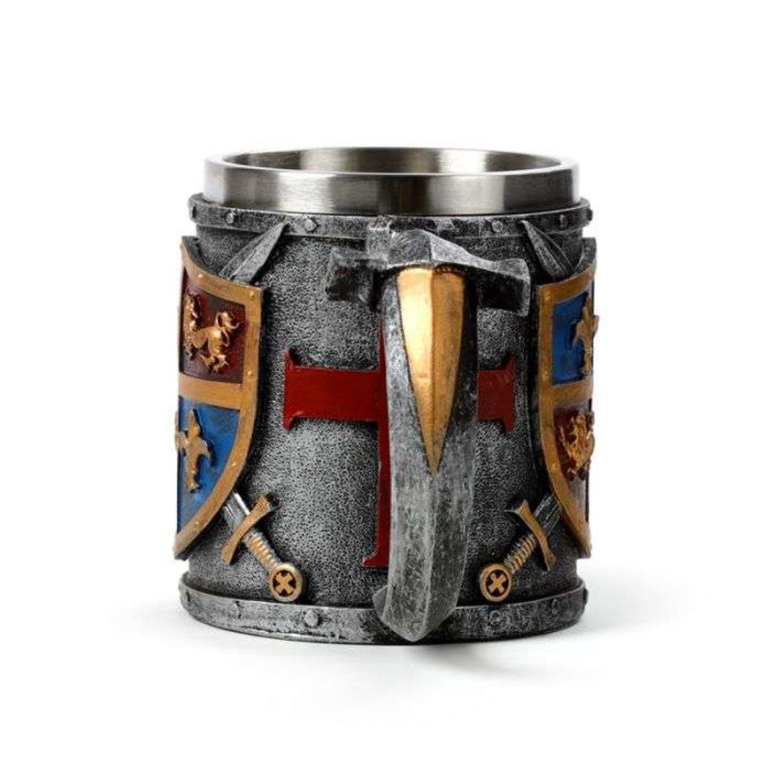 Gold and silver decorative tankard with intricate coat of arms, perfect for home décor and display.