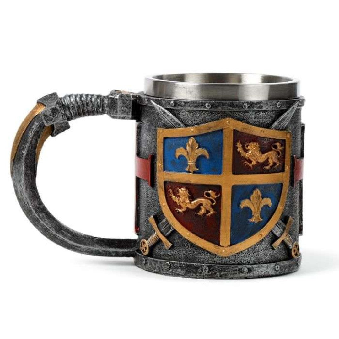 Decorative gold and silver coat of arms tankard, 17cm tall, made of resin and stainless steel, ideal for display and gifts.