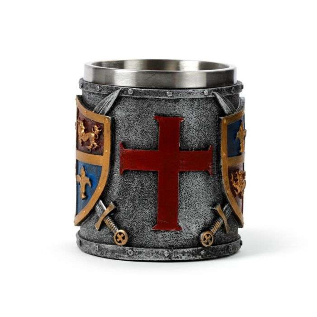 Decorative tankard featuring a gold and silver coat of arms, ideal for display, measuring 17cm tall.