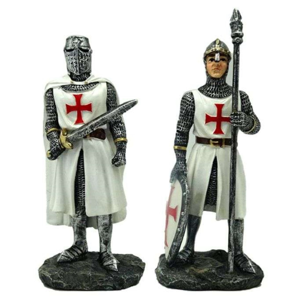 Set of 2 ornamental Crusader Knight warriors, 13cm tall, perfect for holiday decor and unique gift giving.