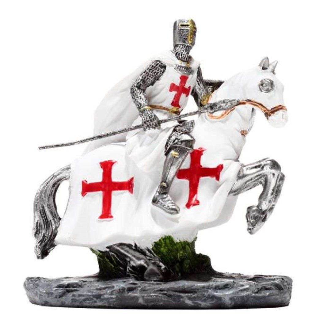 Set of 2 assorted Crusader knight ornaments on horseback, intricately crafted and ideal for medieval decor.