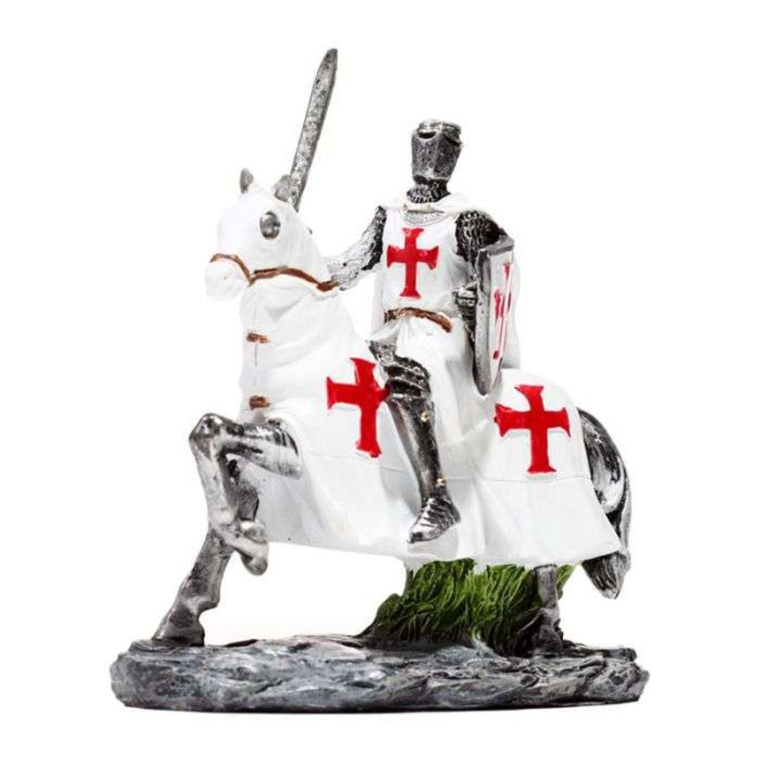 Intricately detailed Crusader knight ornaments on horseback, perfect for medieval decor, set of 2 assorted, each 11cm tall.