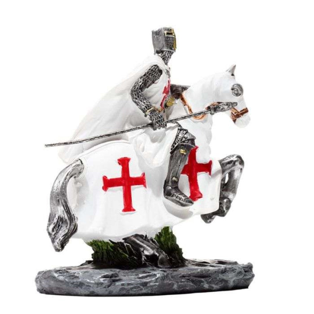 Set of 2 Crusader knight ornaments on horseback, intricately crafted, perfect for medieval decor and unique gifts.