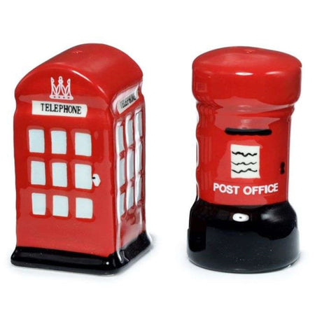 Ceramic salt and pepper shakers shaped like London's iconic red post and telephone boxes, 7.5 cm, charming kitchen decor.