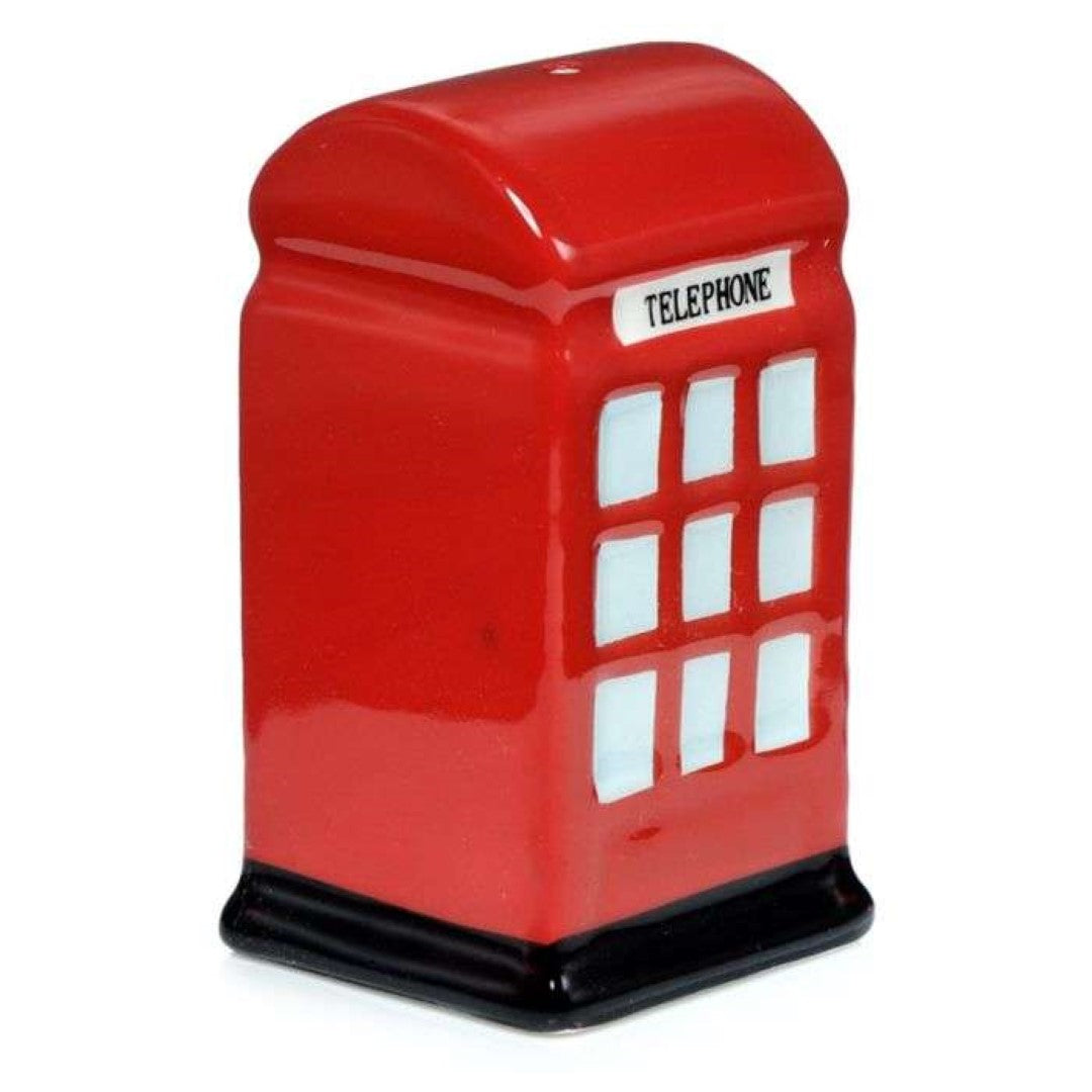 Ceramic salt and pepper shakers shaped like London's iconic red post and telephone boxes, functional and charming.