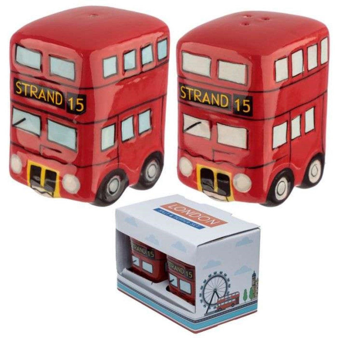 Ceramic salt and pepper shakers shaped like a red Routemaster bus, adding London charm to your table decor.