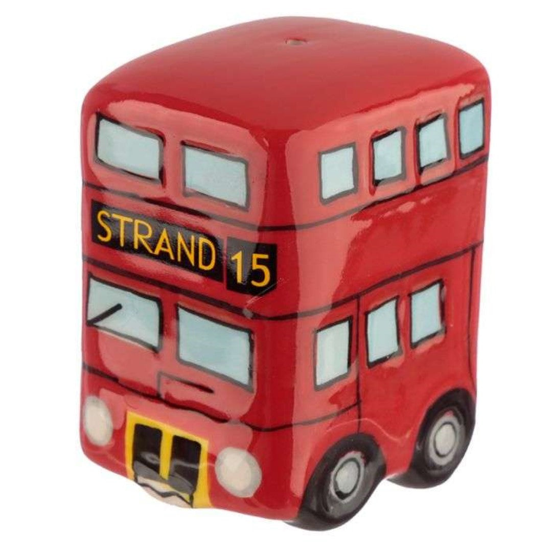 Ceramic salt and pepper shakers shaped like a red Routemaster bus, adding London charm to your dining table.