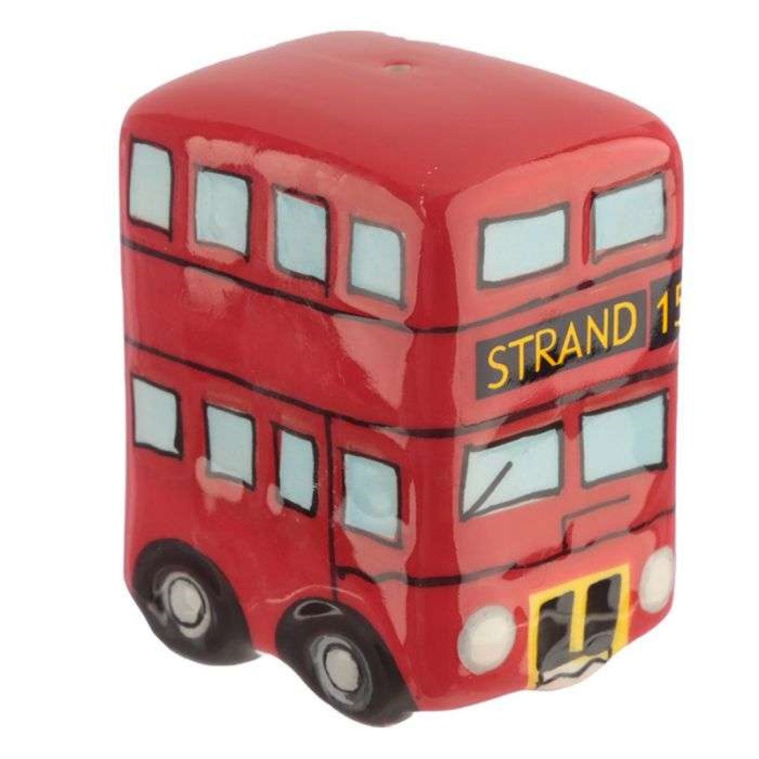 Ceramic salt and pepper shakers shaped like a red Routemaster bus, adding London charm to your dining table.