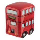 Ceramic salt and pepper shakers shaped like London's iconic red Routemaster bus, 7cm tall, adding charm to any dining table.