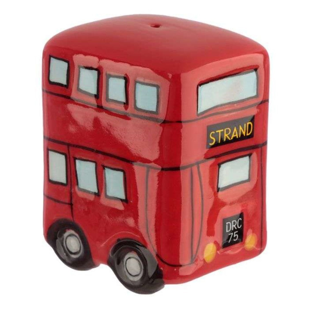 Ceramic salt and pepper shakers shaped like London's iconic red Routemaster bus, adding charm to your dining decor.