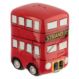 Ceramic salt and pepper shakers shaped like a red Routemaster bus, perfect for adding London charm to your table.