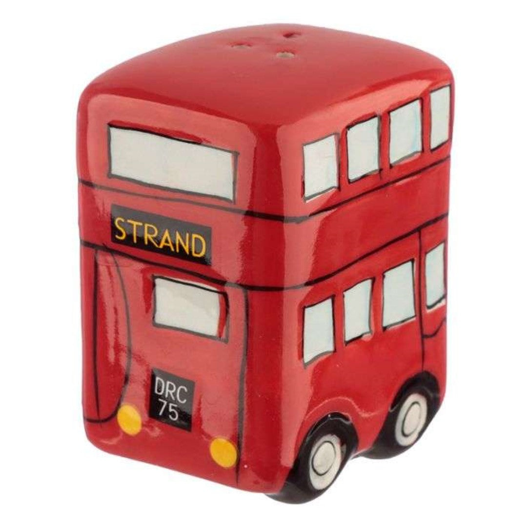 Ceramic salt and pepper shakers shaped like a red Routemaster bus, adding London charm to your dining table.