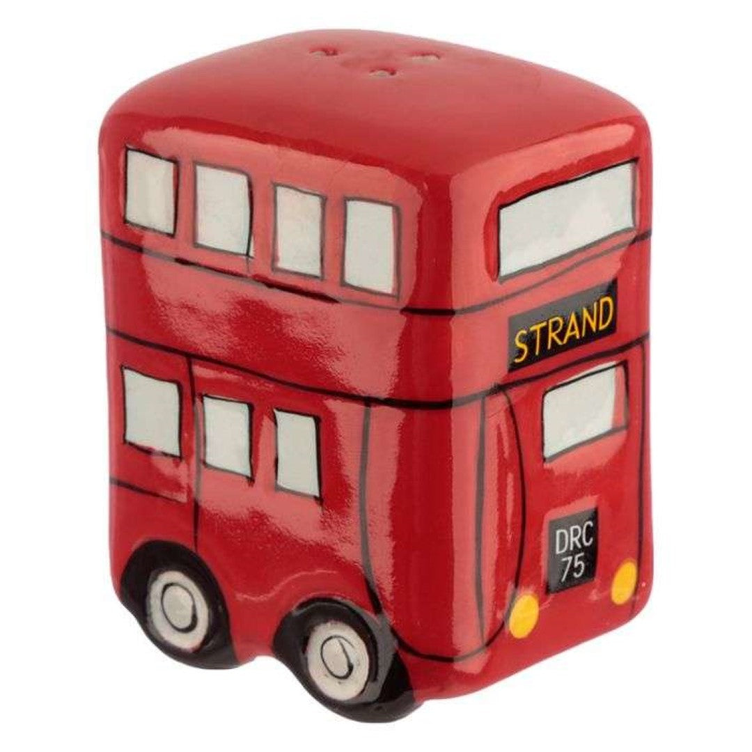 Ceramic salt and pepper set shaped like a red Routemaster bus, adding London flair to your dining decor.