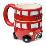 Ceramic mug shaped like a red Routemaster bus, features London icons, holds 460ml, food safe but not microwave or dishwasher safe.