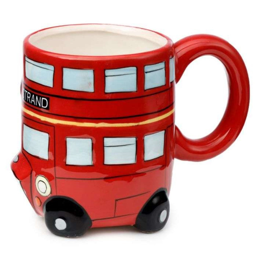 Ceramic mug shaped like a London Routemaster bus, holds 460ml, vibrant red, ideal for display, not microwave or dishwasher safe.