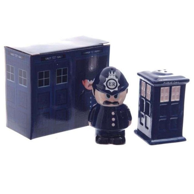 Charming ceramic salt and pepper set featuring a policeman and police box, perfect for whimsical dining decor.