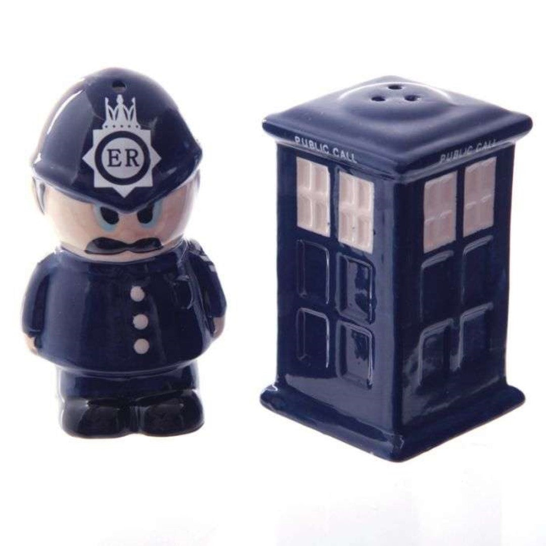 Ceramic salt and pepper shakers shaped like a policeman and police box, perfect for whimsical kitchen decor.