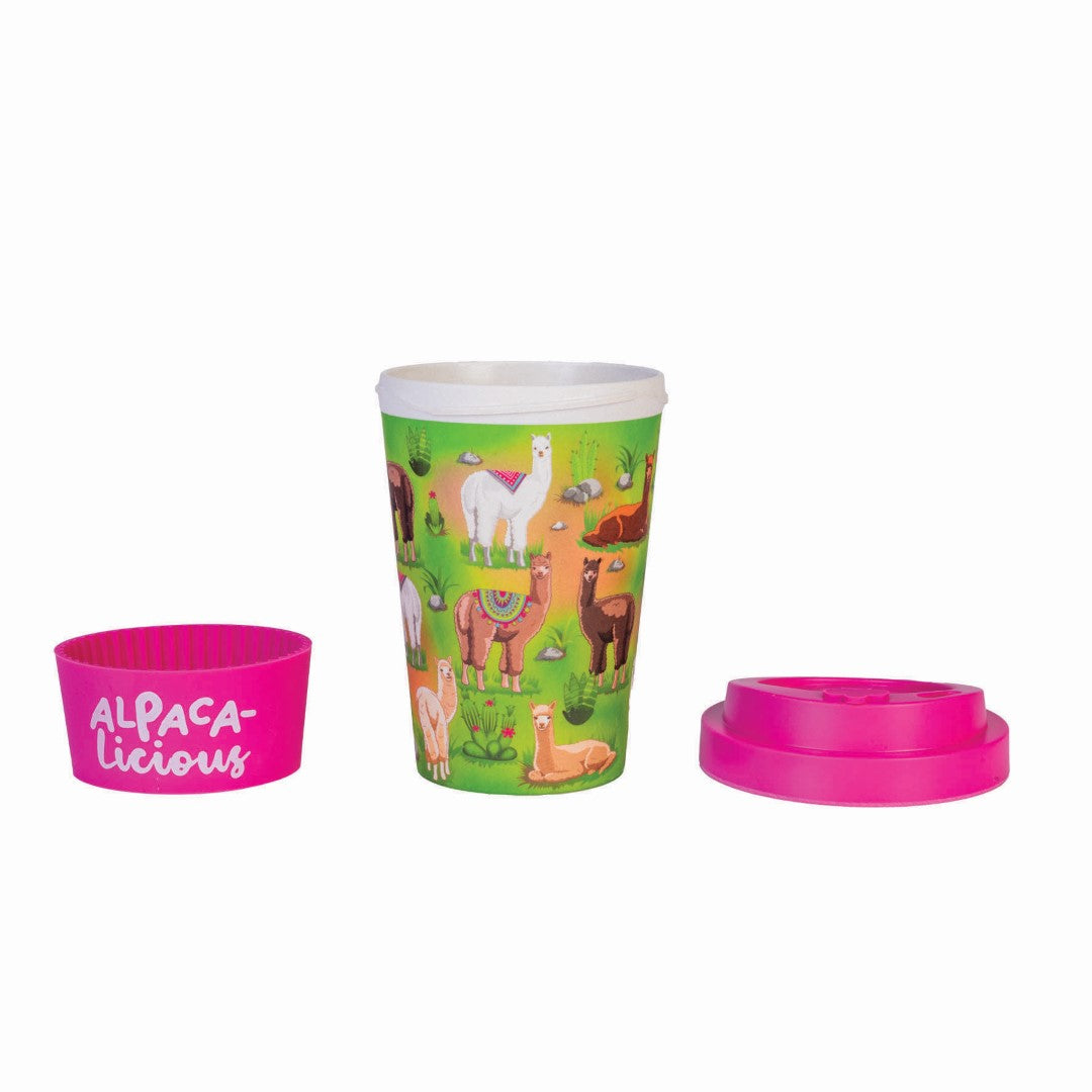 Eco-friendly bamboo travel cup featuring alpacas, hot pink anti-spill lid, and silicone band; 470 ml capacity.